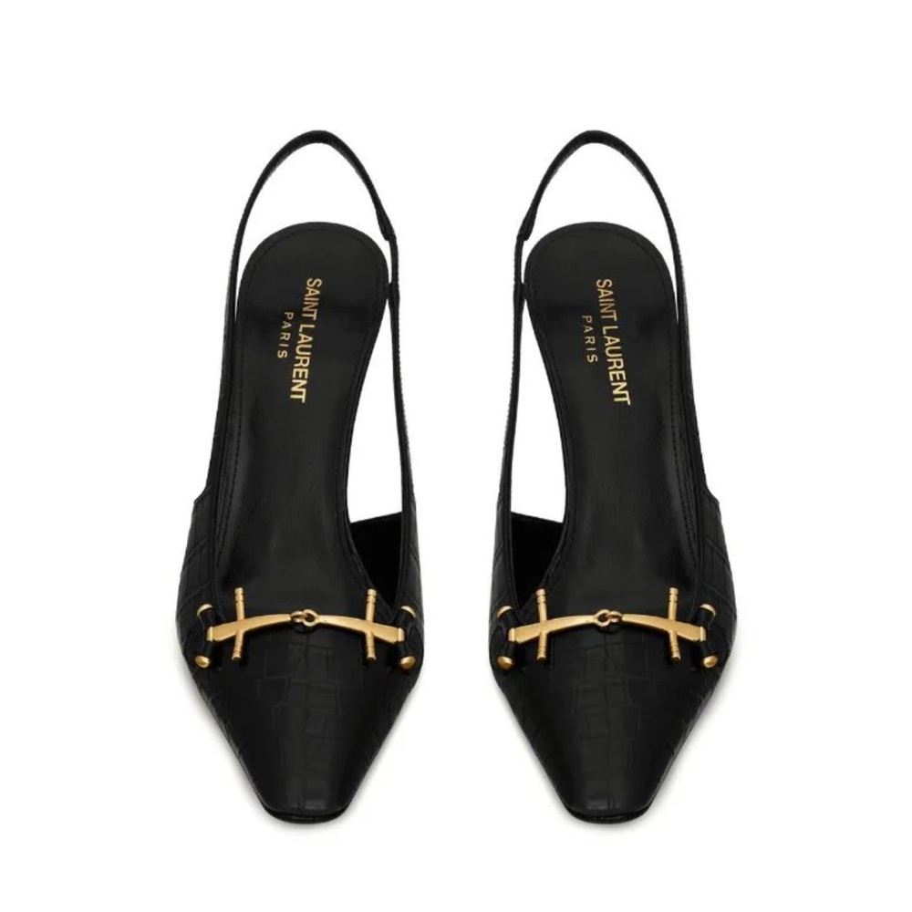 SAINT LAURENT BLADE SLINGBACK PUMPS IN CROCODILE-EMBOSSED PATENT LEATHER